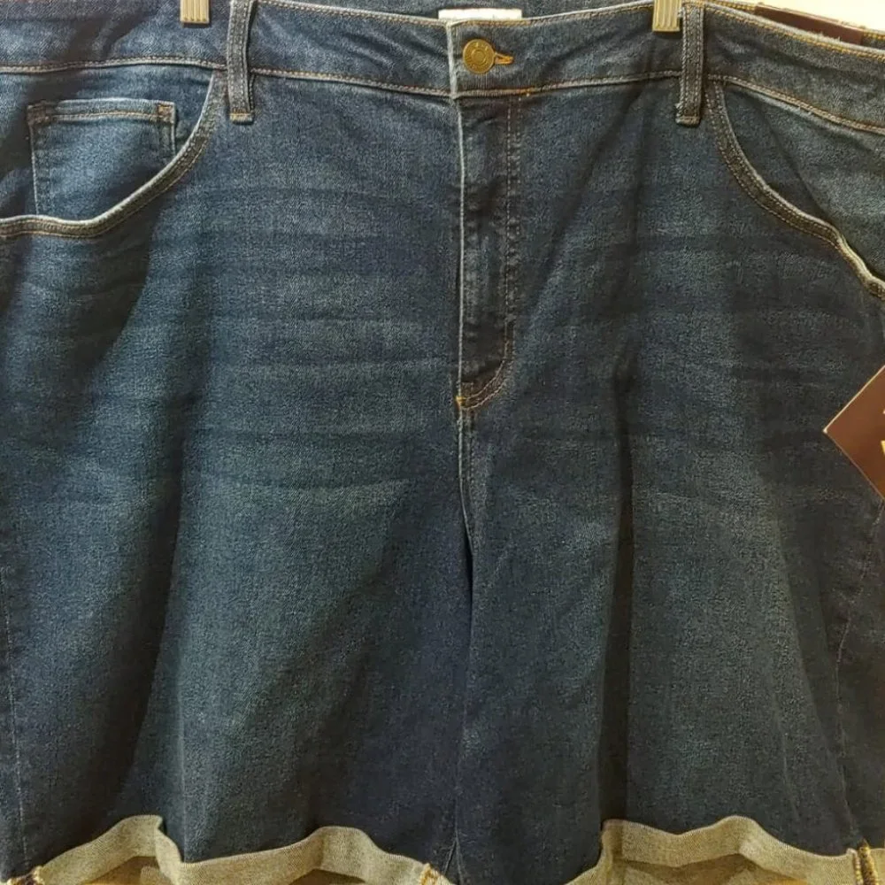 Womens Plus Roll Cuff Bermuda Jean Shorts Ava & Viv Dark Wash 24W High Rise Long - Picture 9 of 9